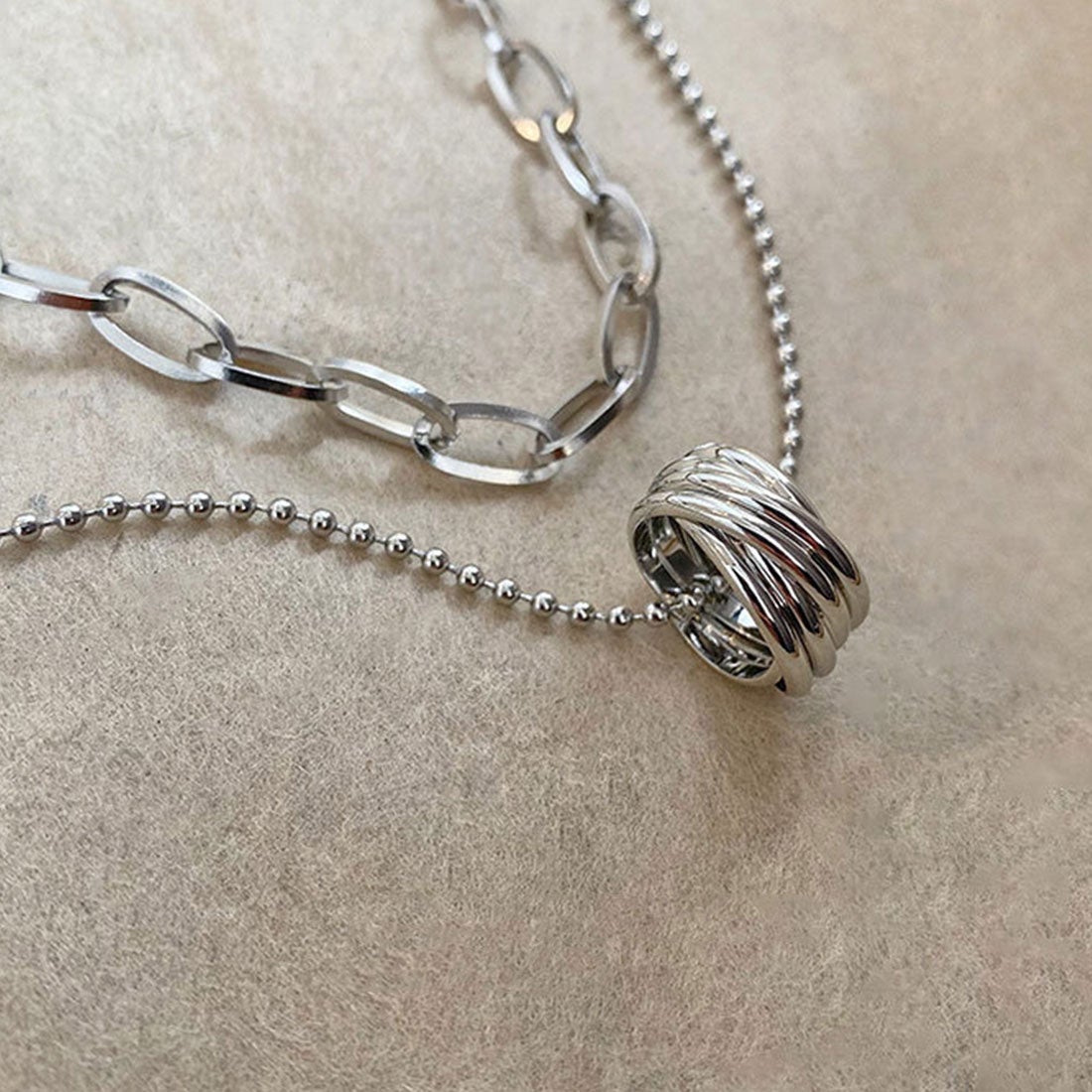 Double Layer Silver Ring Chain Necklace XD21