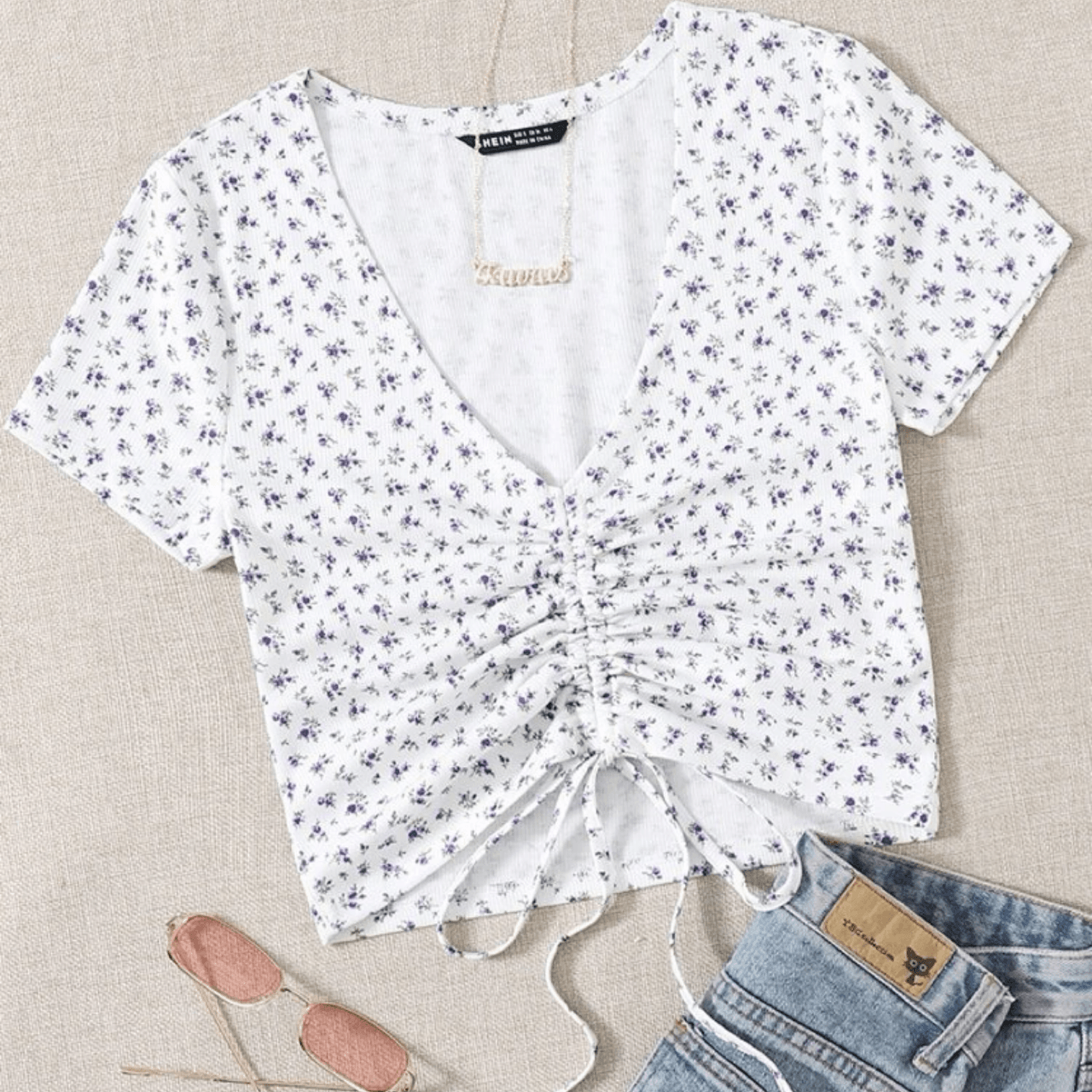 Drawstring Front Floral Crop Top