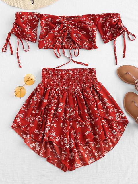 Drawstring Floral Crop top with Shorts - XD21