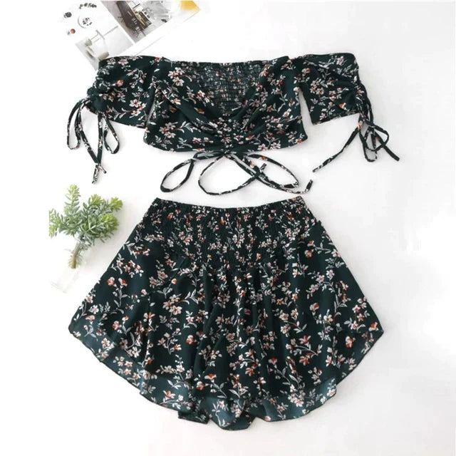 Drawstring Floral Crop top with Shorts - XD21