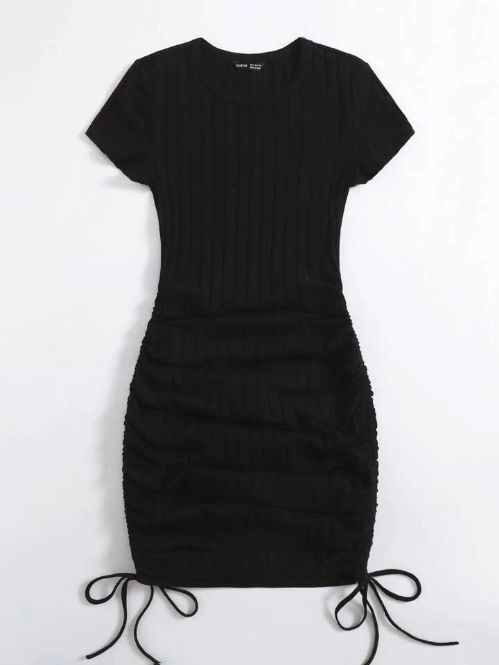 Drawstring Side Rib-Knit Bodycon Mini Dress XD21