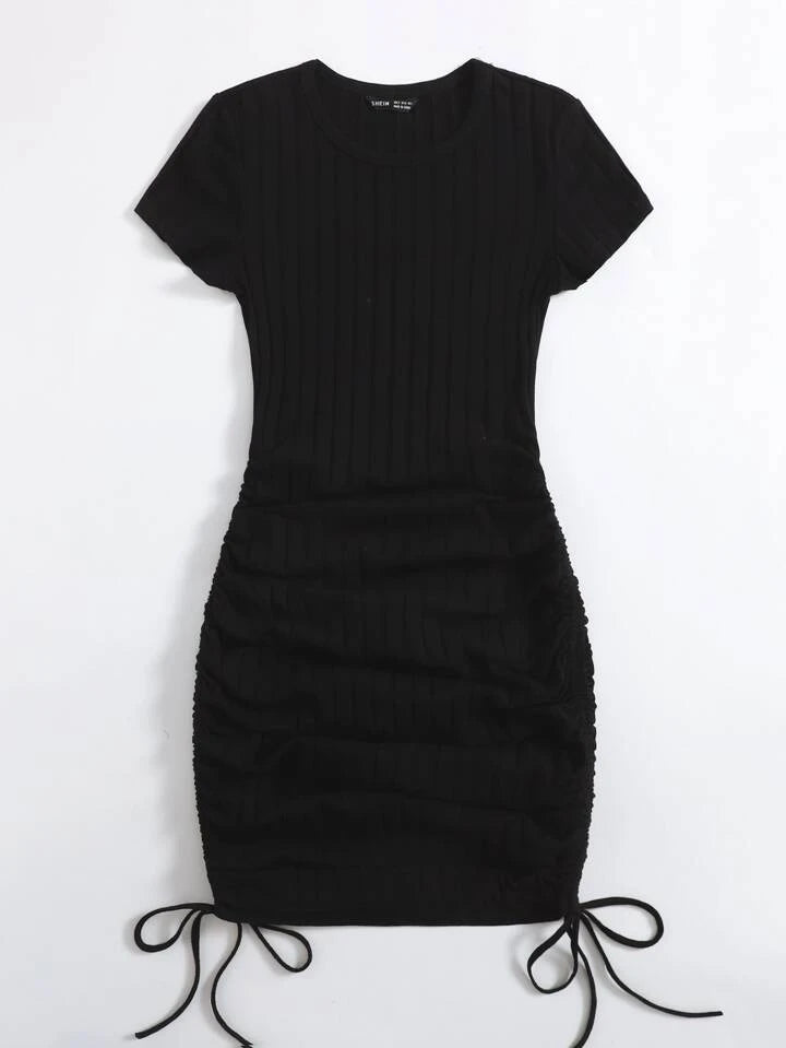Drawstring Side Rib-Knit Bodycon Mini Dress XD21