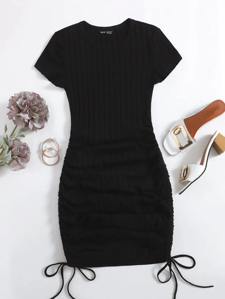 Drawstring Side Rib-Knit Bodycon Mini Dress XD21