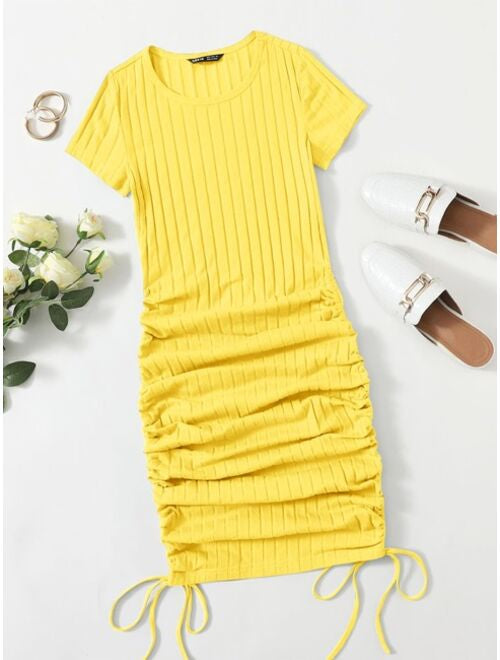 Drawstring Side Rib-Knit Bodycon Mini Dress XD21