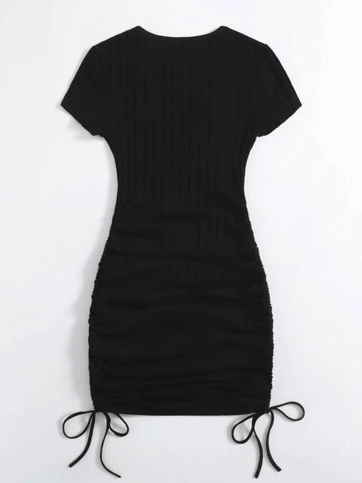 Drawstring Side Rib-Knit Bodycon Mini Dress XD21