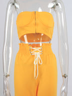 Drawstring Tube Sweatshirt And Sweatpants Set XD21