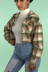 Drop Shoulder Buttoned Plaid Crop Jacket XD21