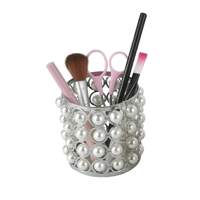 Pearl Beaded Makeup Brush Holder - Elegant Vanity Organizer