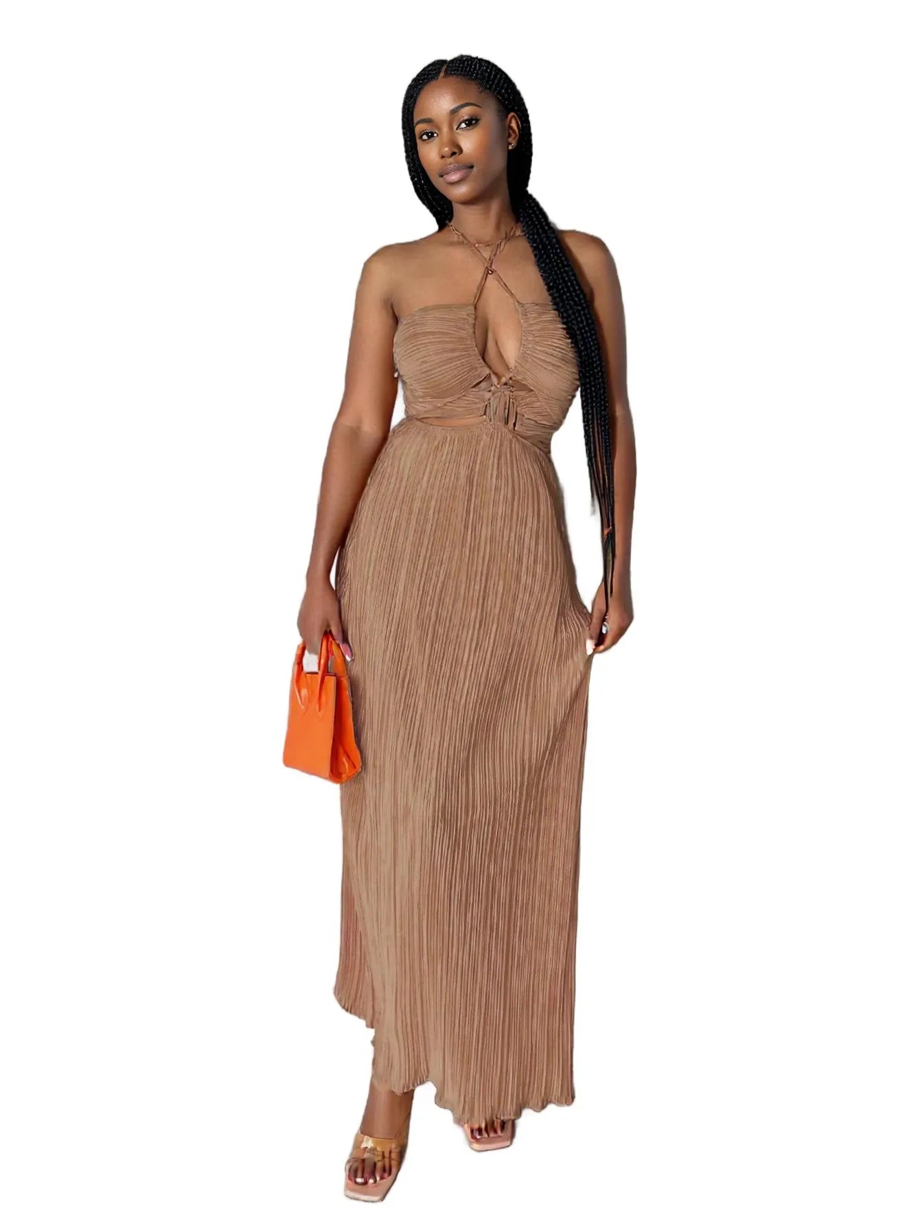 Halter Cutout Pleated Maxi Dress 