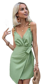 Green Chain Strap Wrap Short Summer Dress