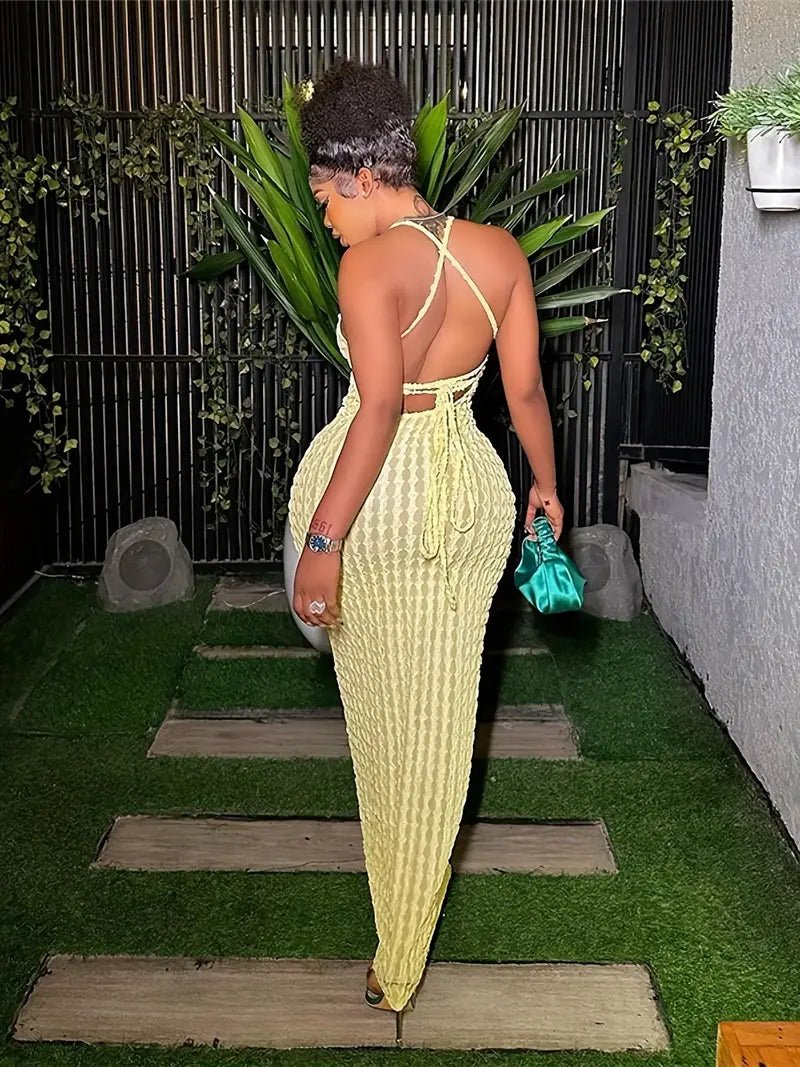 Ruffle Texture Halter Backless Maxi Dress