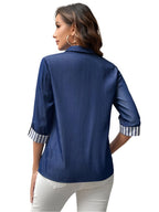 Chic Contrast Navy & Striped Button-Up Shirt – Effortless Style & Elegance