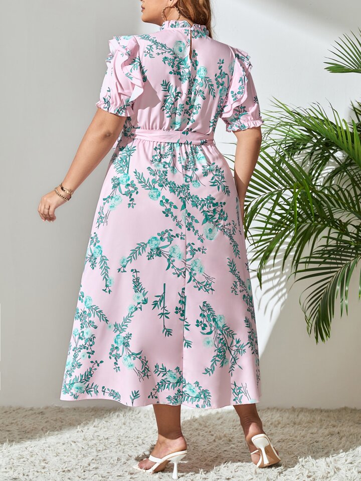 Floral Print Puff Frill Sleeve Midi Dress with Belt