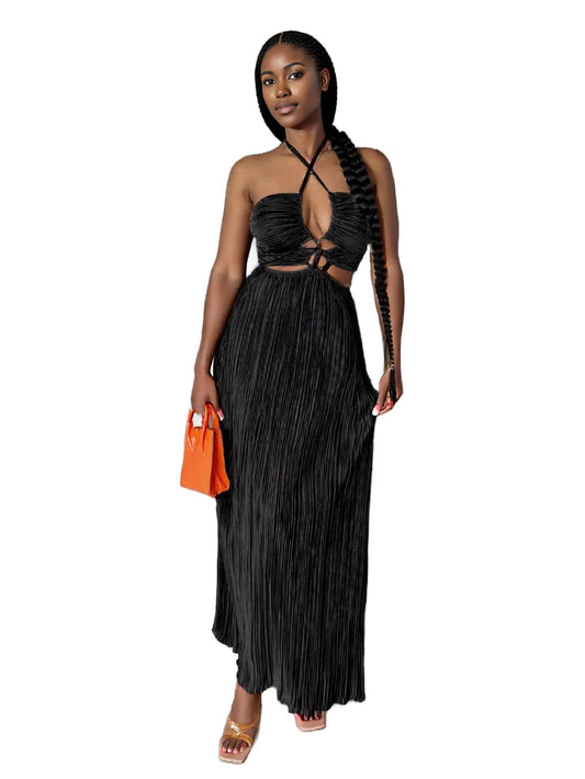 Halter Cutout Pleated Maxi Dress 