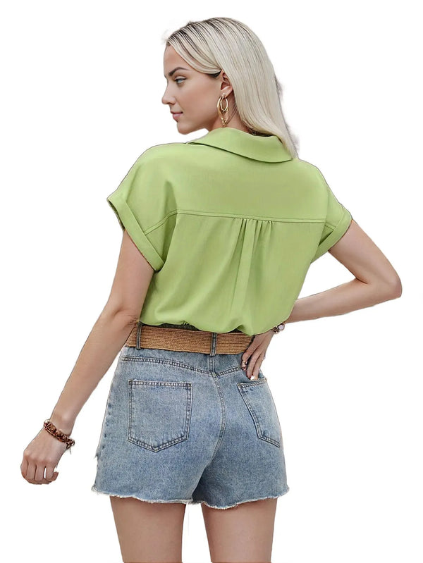 Solid Color Button Front Cropped Shirt - Fashionable & Versatile