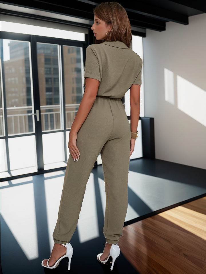 Eilly Bazar Zip Front Tie Waist Flap Pocket Shirt Jumpsuit XD21