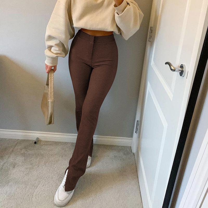 Elastic High Waist Long Trousers Split Side Skinny Pencil Pants - XD21