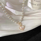 legant Big White Imitation Pearl Bead Necklace Crystal Heart Shell Pendant - XD21