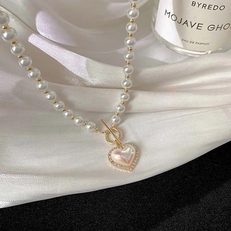 legant Big White Imitation Pearl Bead Necklace Crystal Heart Shell Pendant - XD21