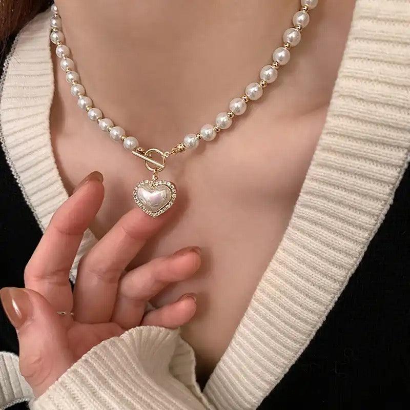 legant Big White Imitation Pearl Bead Necklace Crystal Heart Shell Pendant - XD21