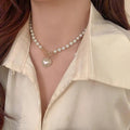 legant Big White Imitation Pearl Bead Necklace Crystal Heart Shell Pendant - XD21