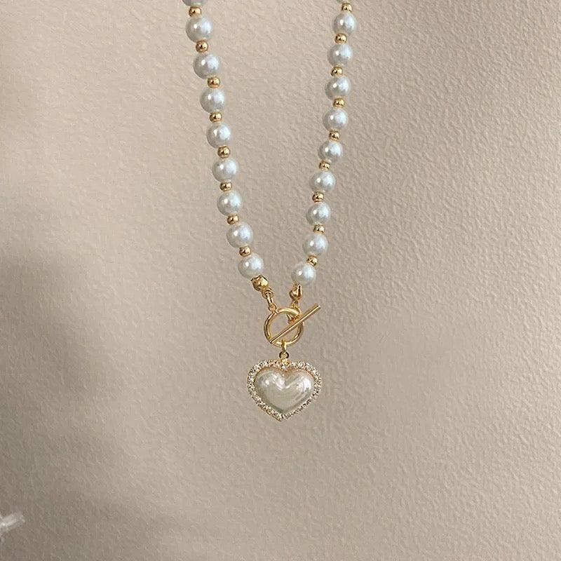 legant Big White Imitation Pearl Bead Necklace Crystal Heart Shell Pendant - XD21