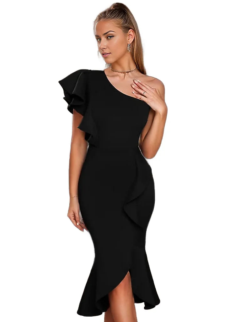 Elegant Ruffles Long Side Slit Midi Dress XD21