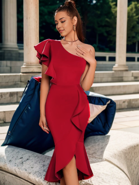 Elegant Ruffles Long Side Slit Midi Dress XD21