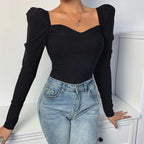 Elegant Square Collar Puff Long Sleeve Slim Blouse Black / Xs