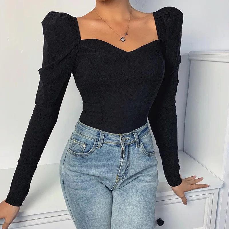 Elegant Square Collar Puff Long Sleeve Slim Blouse Black / Xs