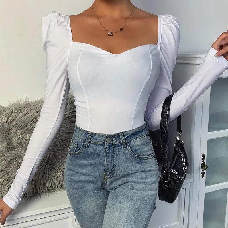 Elegant Square Collar Puff Long Sleeve Slim Blouse