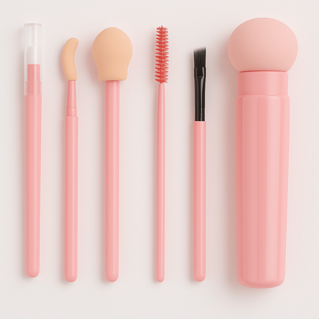 6pc Mini Makeup Brush Set – Travel Beauty Tools in Storage Holder - Random Colour