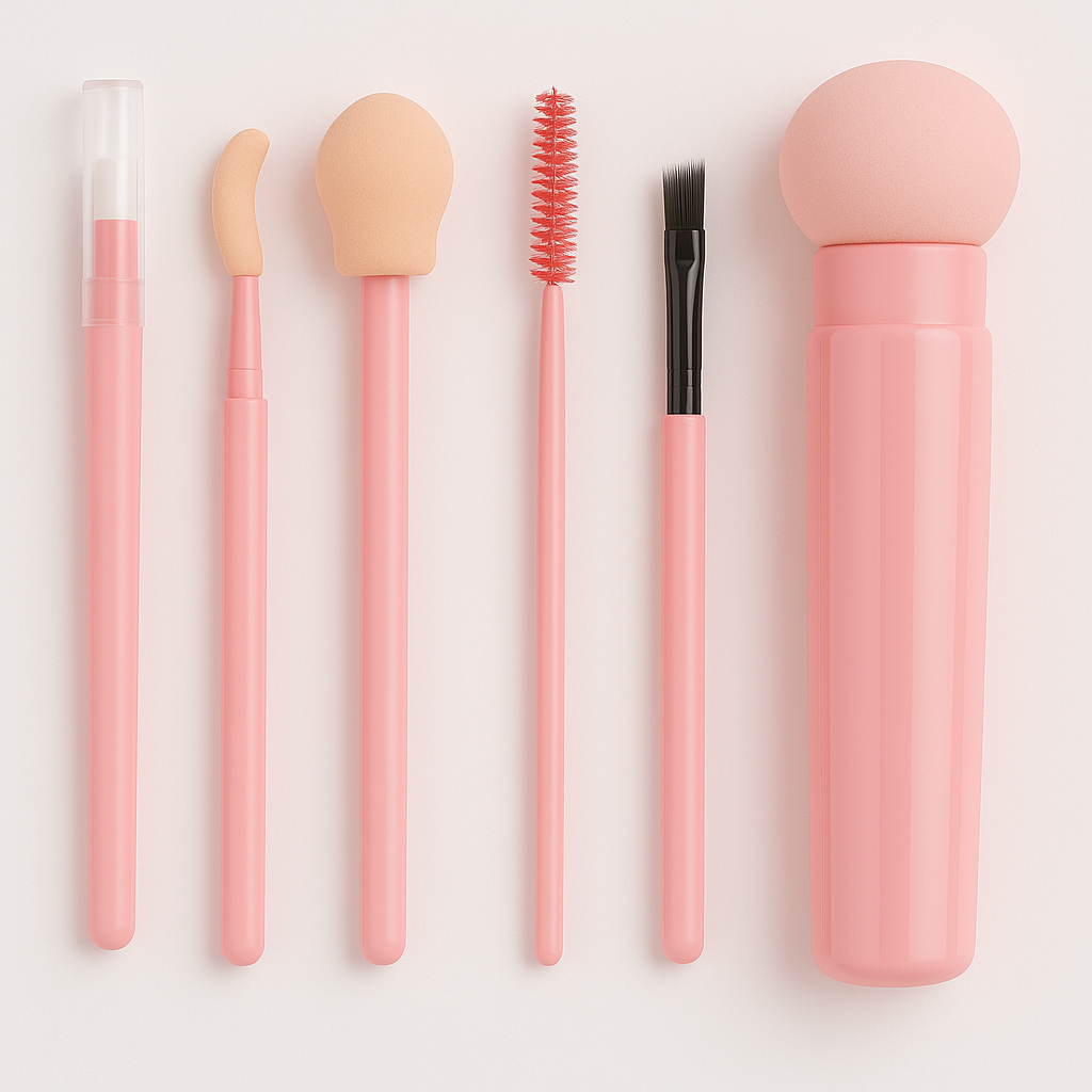 6pc Mini Makeup Brush Set – Travel Beauty Tools in Storage Holder - Random Colour