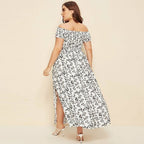 Off Shoulder Bodice Double Slit Ditsy Floral Dress