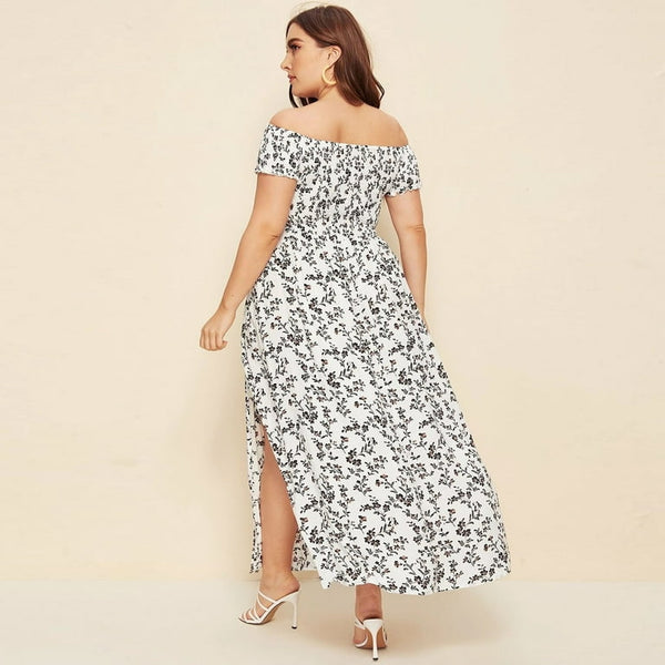 Off Shoulder Bodice Double Slit Ditsy Floral Dress