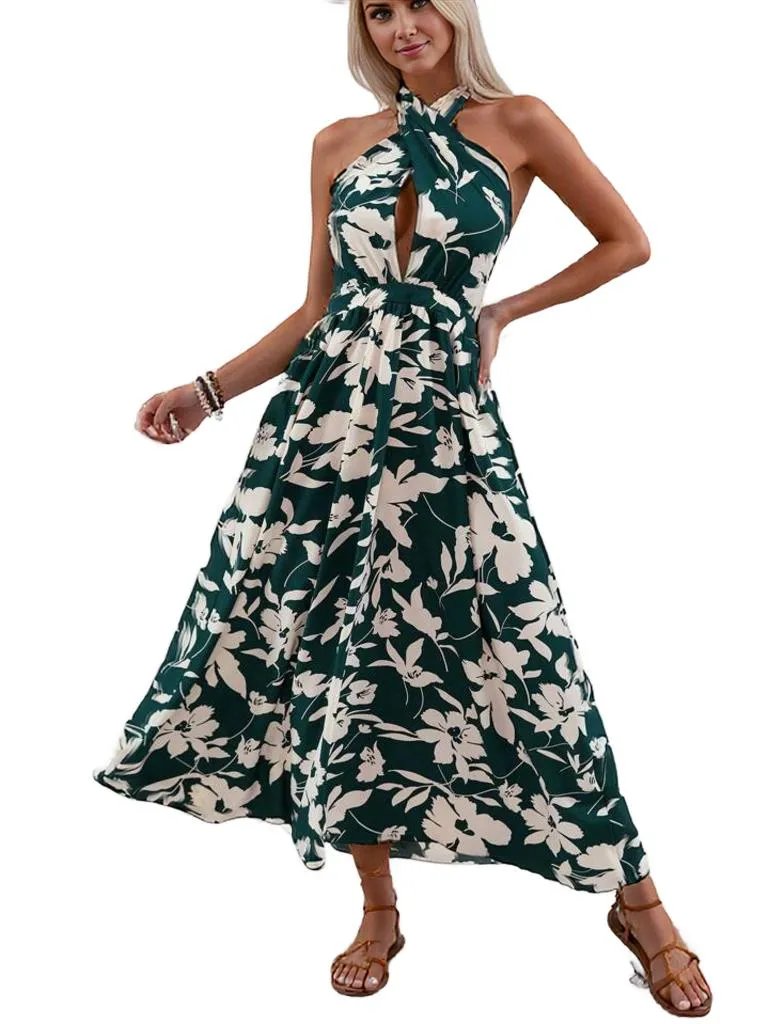 Green Floral Neck Wrap Maxi Dress