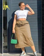 Drawstring Waist Casual Midi Skirt