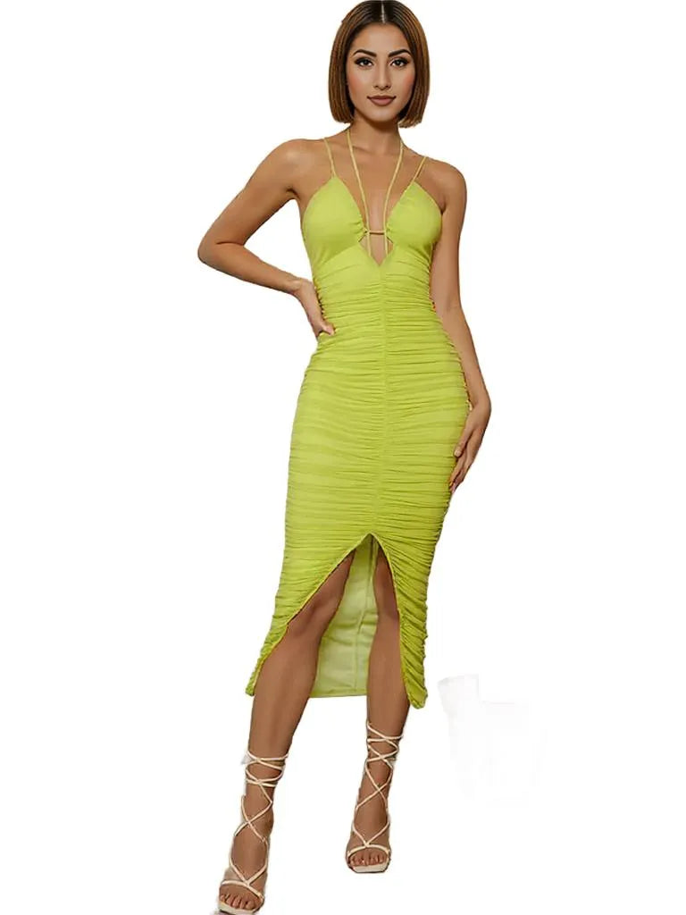 Green Plunged Neck Ruched Midi Bodycon Dress