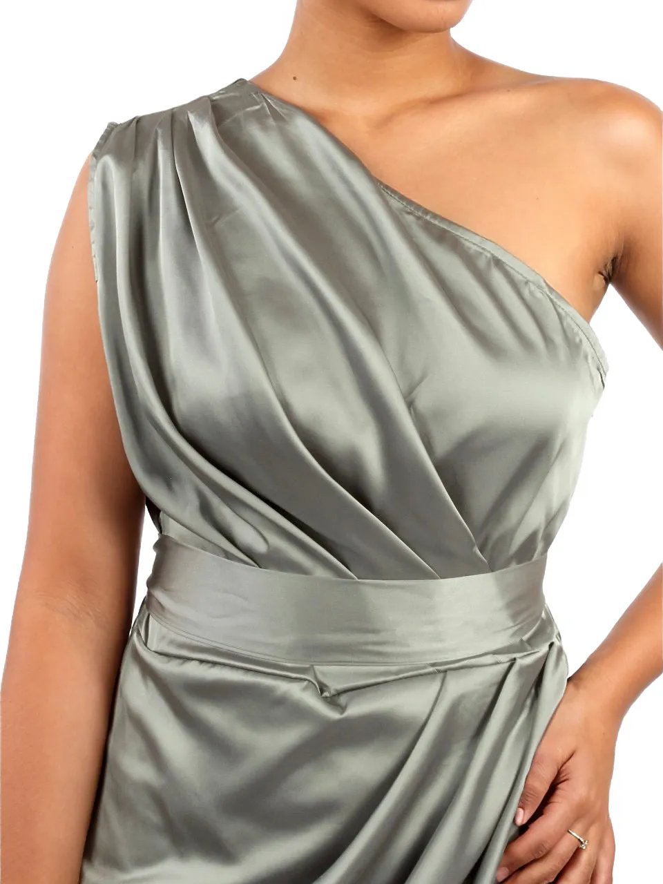 One Shoulder Ruched Satin Pleated Dress