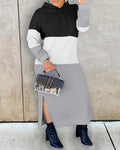 Women’s Colour Block Hoodie Maxi Dress – Side Slit Relaxed Streetwear Outfit