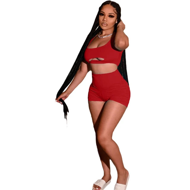 Fitness 2 Piece Set Solid Crop Tank Top Biker Shorts XD21