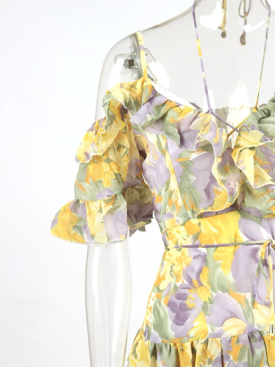 Floral Lace Up Frill Mini Dress With Belt XD21