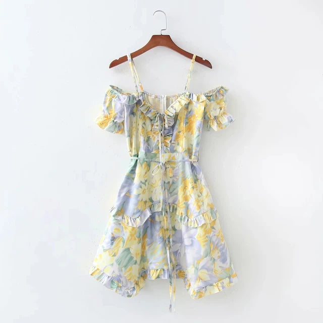 Floral Lace Up Frill Mini Dress With Belt XD21