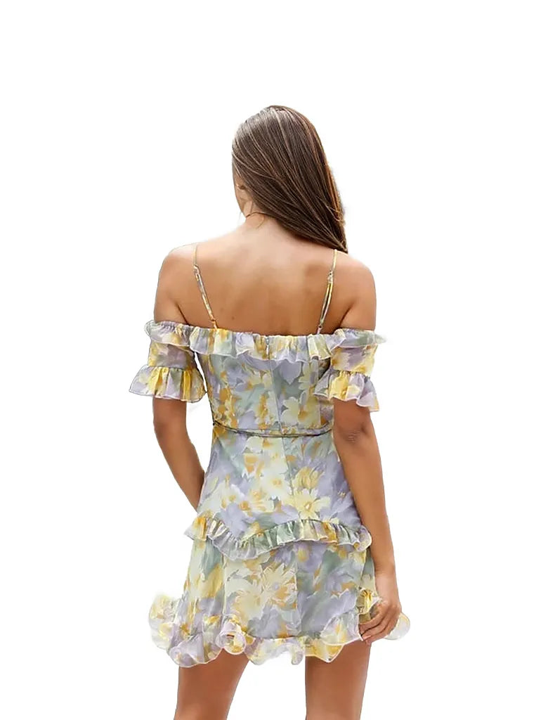 Floral Lace Up Frill Mini Dress With Belt XD21
