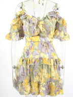 Floral Lace Up Frill Mini Dress With Belt XD21
