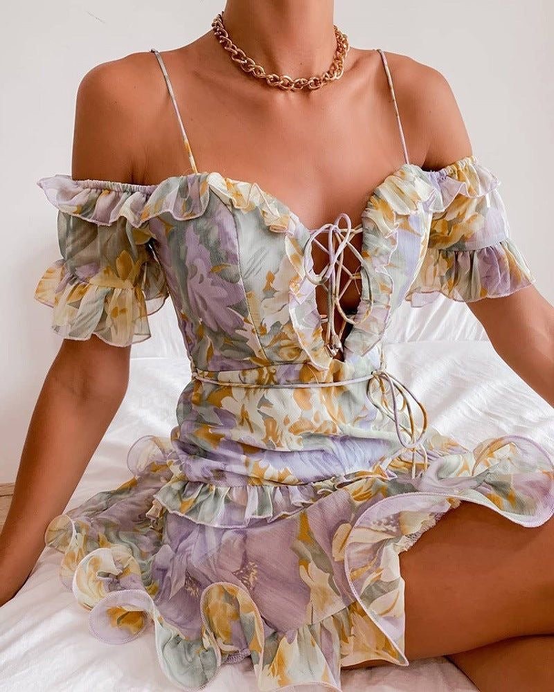 Floral Lace Up Frill Mini Dress With Belt XD21