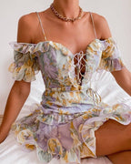 Floral Lace Up Frill Mini Dress With Belt XD21