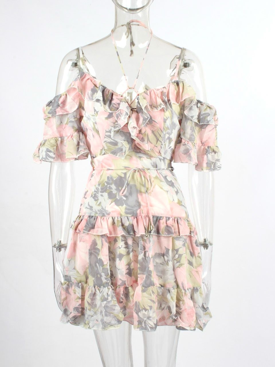Floral Lace Up Frill Mini Dress With Belt XD21