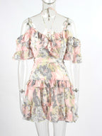 Floral Lace Up Frill Mini Dress With Belt XD21