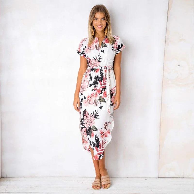 Floral Print Beach Dress With Belt - XD21